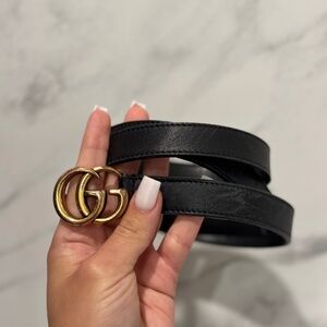 Gucci GG Marmont Thin Belt Black Leather Brass Double G Women